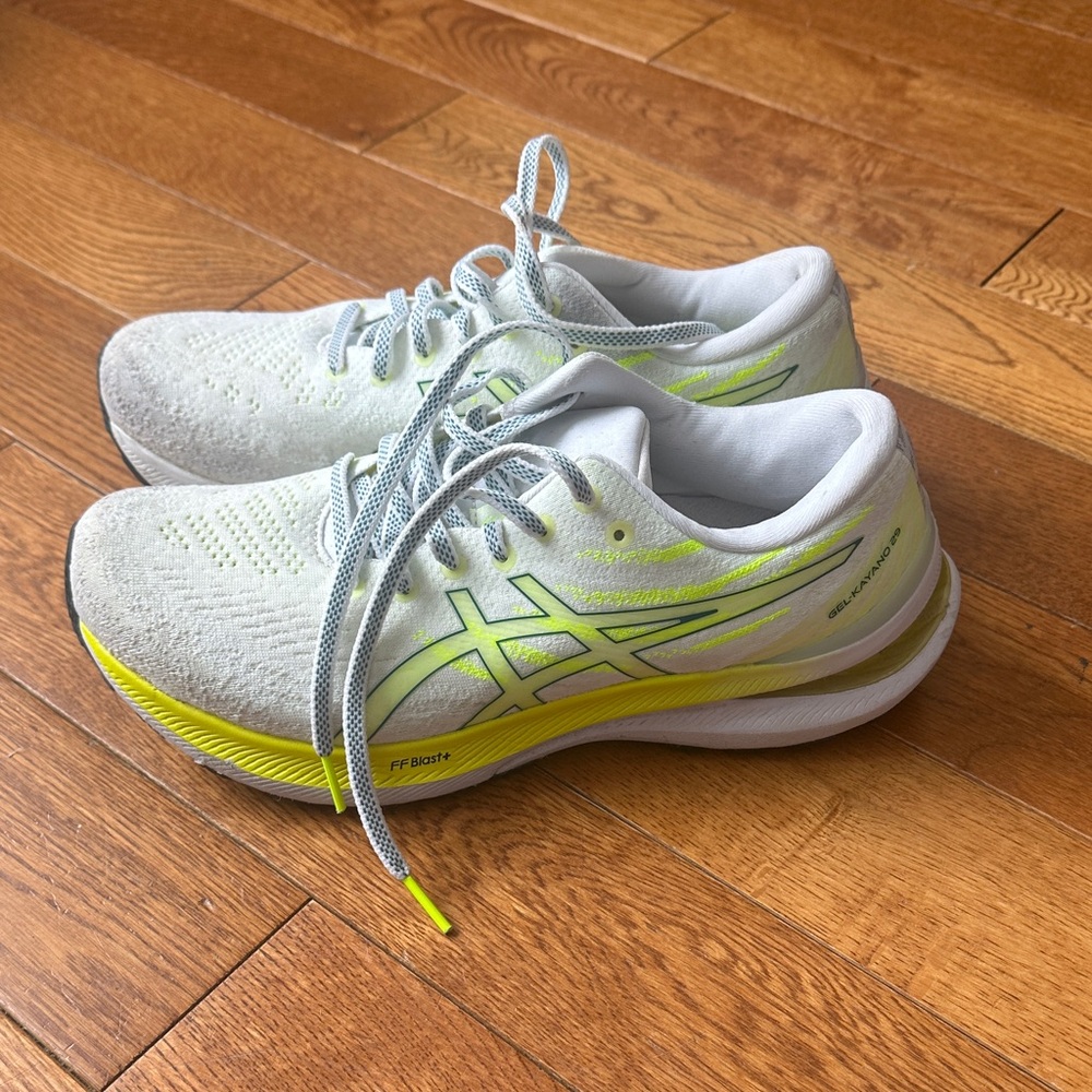 Asics Gel-Kayano 29 White and Neon Yellow Athletic Sneakers